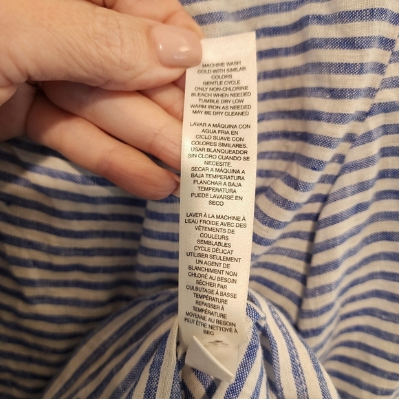 Chico's Blue White Striped Bell Sleeve Linen Blouse Top Crochet Boho Sz 1 Small - Picture 6 of 10